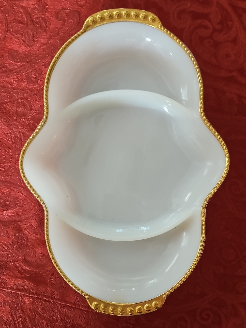 VTG Fire-King Milk Glass 3 Section Divided Relish Dish Gold Scalloped Rim, #2
